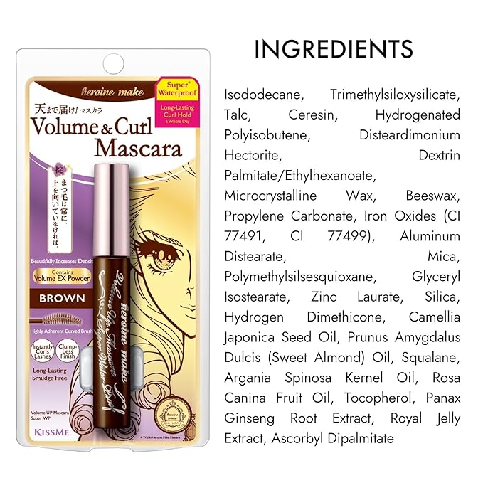HEROINE MAKE by KISSME Brown Mascara Waterproof with Curvy Brush for Eye Makeup for Women, Mascara Volume & Length Defining Fiber Long-lasting False Eyelash Effect, Made in Japan, 1 EA