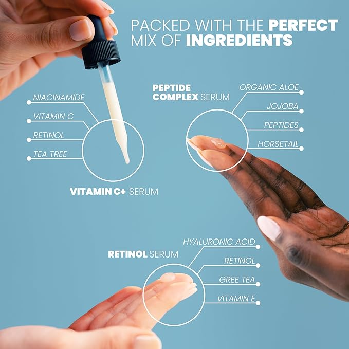 Eva Naturals Trifecta Face Serum Set – Retinol, Vitamin C & Peptides with Hyaluronic Acid & Niacinamide – Anti-Aging Skincare Bundle for Women – Collagen Boosting, Wrinkle & Spot Treatment