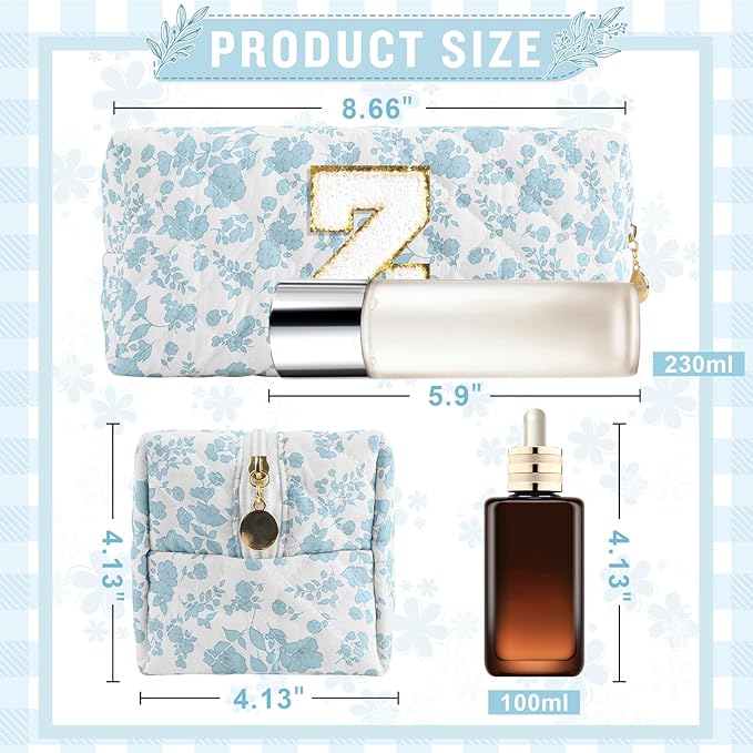 Personalized Quilted Cosmetic Bag, Puffy Monogrammed Christmas Birthday Gifts for Women & Girls, Cute initial Floral Makeup Bag Puffer Coquette Bag, Aesthetic Travel Toiletry Zipper Pouch(Blue,Z)