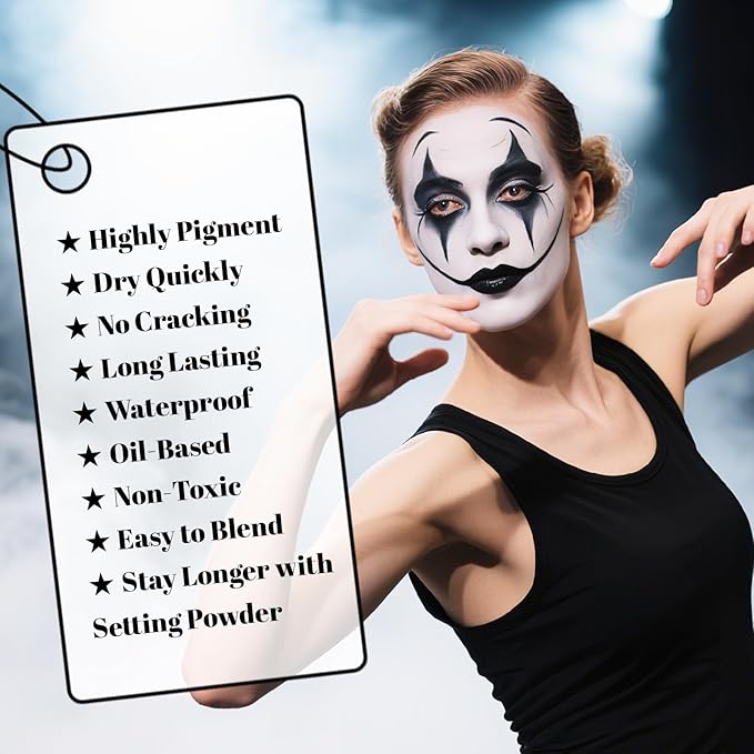 Gray Black White Body Paint Palette, Oil-Based Waterproof Face Painting Cream for Halloween Cosplay SFX Makeup Skeleton Ghost & Mime Looks, Non-Toxic Face Paint for Adult Cosplay Stage Shows