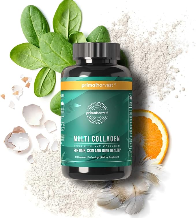 Primal Harvest Multi Collagen Pills for Women and Men (Type I, II, III, V, X) 120 Capsules w/Vitamin C for Hair, Skin, Nails