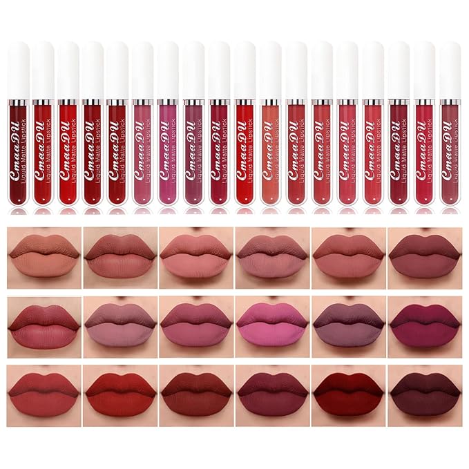 BONNIE CHOICE 18Pcs Matte Liquid Lipstick Set, Waterproof Long Lasting Non-Stick Cup Nude Lipstick Dark Red Lipstick for Women 24 Hour High Pigmented Lip Gloss Set Valentine's Day Gifts for Women