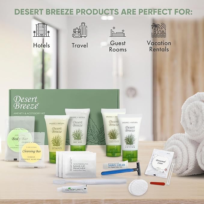 Desert Breeze Amenity & Accessory Kit | 1 oz Shampoo, Conditioner, Lotion, Body Wash, Body Bar, Cleansing Bar, Shave & Dental Sets, Make-Up Wipes, Vanity Kit | 15 Sets per Case