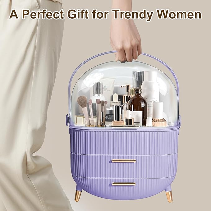 Makeup Organizer for Vanity, Make up Organizers and Storage, Cosmetics Skincare Organizers with Lid and Drawers, Cosmetic Display Cases for Countertop, Bathroom, Dresser, Ideal Gifts for Women(Purple)