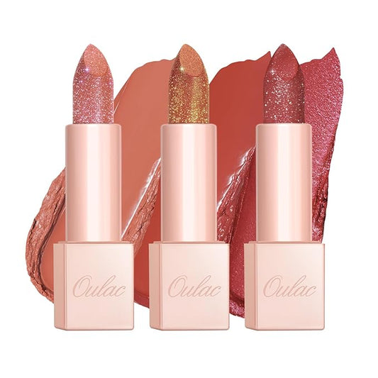Oulac Moisture Shine Lipstick Set 3PCS - Infinity High Shine Finish, Hydrating Vegan Lipstick Infused with Damask Rose Oil for All-Day Comfort, Gluten-Free, PG11+PG09+D04