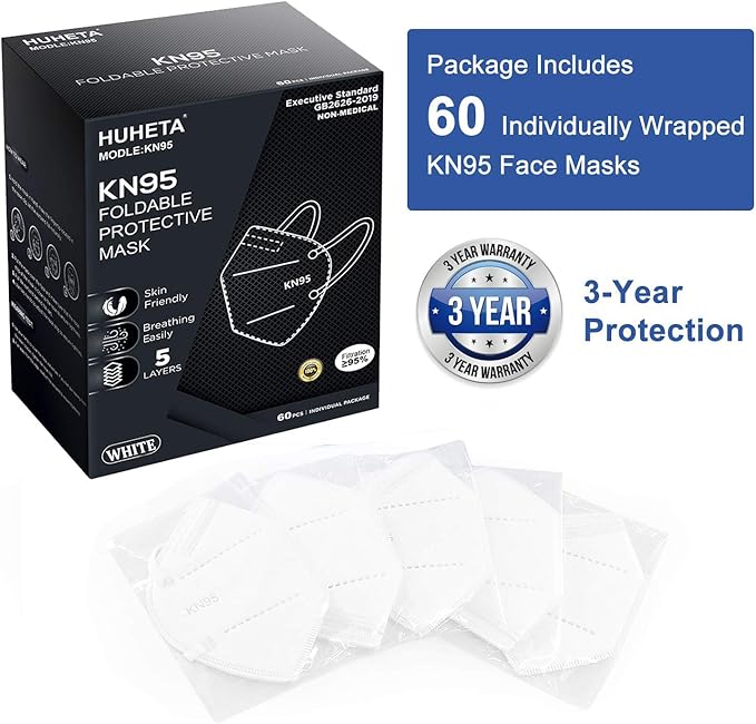 HUHETA KN95 Mask, 5 Ply Protective Dispoasable Masks Filter Efficiency≥95%