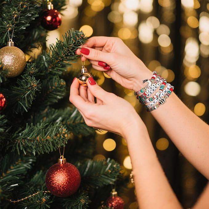 Go Ho Christmas Body Hair Face Glitter Gel and 6PCS Bracelets Kit,Christmas Glitters Face Paint,Colorful Sequins Chunky Reflective Face Glitter Christmas Bracelets Makeup Set,