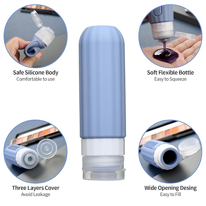 16 Pack Travel Bottles Set for Toiletries, Leakproof Travel Containers for Toiletries TSA Approved Silicone Travel Accessories Squeezable Refillable 3oz for Shampoo Conditioner Lotion Blue