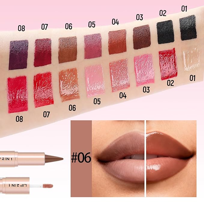 2-in-1 Dual-Ended Lip Liner Lipstick & Gloss Set, Lip Combo with Mirror Effect, Smooth Matte Lip Liner and Moisturizing Lightweight Lip Plumping set for Women, 06 Nude