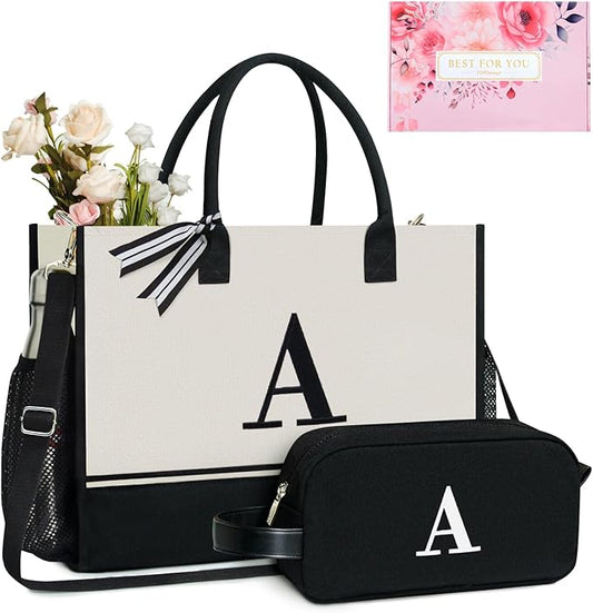TOPDesign Personalized Initial Canvas Tote Bag, for Wedding, Birthday, Beach, Perfect Gifts for Women, Mom, Teachers, Friends
