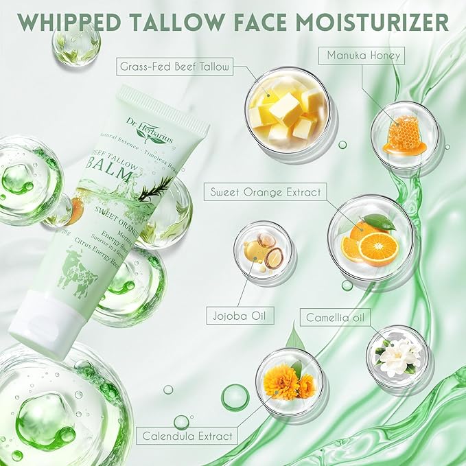 Beef Tallow for Skin — Travel Size Organic Tallow and Honey Balm, Revitalize Skin for Morning, Suitable for Dry&Wrinkled Skincare, 100% Natural, Deep Hydration, Sweet Orange, 2 * 1 Oz.