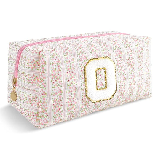 Personalized Quilted Cosmetic Bag, Puffy Monogrammed Christmas Birthday Gifts for Women & Girls, Cute initial Floral Makeup Bag Puffer Coquette Bag, Aesthetic Travel Toiletry Zipper Pouch(Pink,O)
