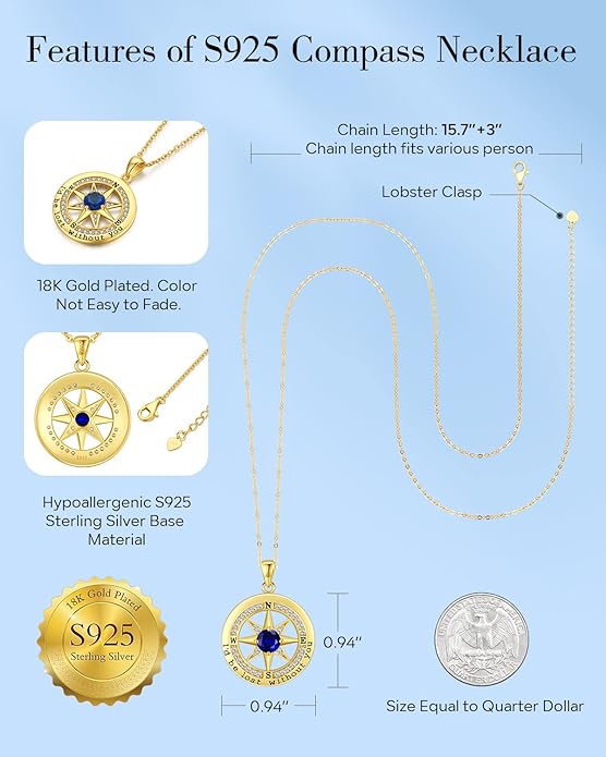 S925 Necklace Gift for Wife |Compass Jewelry |Women Anniversary |Sterling Silver |Girlfriend Birthday Gifts for Her Valentines |I'd be Lost without You |Jewel 18K Gold