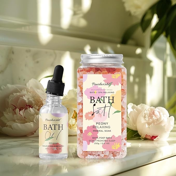 Peony Spa Gift Set for Women, Luxury 9 Pcs Bath Salts Set, Relaxation Gifts for Women, Self Care Set, Clean Moisturizing Skin, Gifts for Mom, Wife, Sister, Friend
