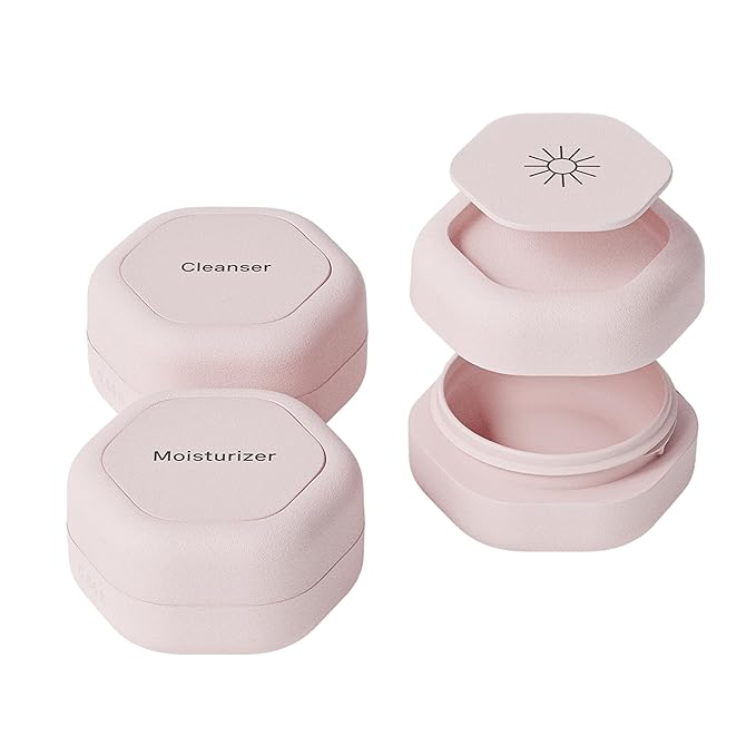 Cadence Travel Containers Basic Skincare Set - Magnetic Containers with Lids,Carry On Travel Essentials For Women/Men - 3 Small Capsules (0.56oz) - Cleanser, Moisturizer & Sun-Icon Labels - Petal
