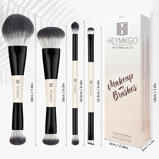 HEYMKGO Makeup Brushes Set, 4Pcs Professional Dual-ended Foundation Contour Power Face Eyeshadow Brush set for Liquid,Cream, Powder for Blending Contouring Makeup Tools- Great for Travel Use, Black