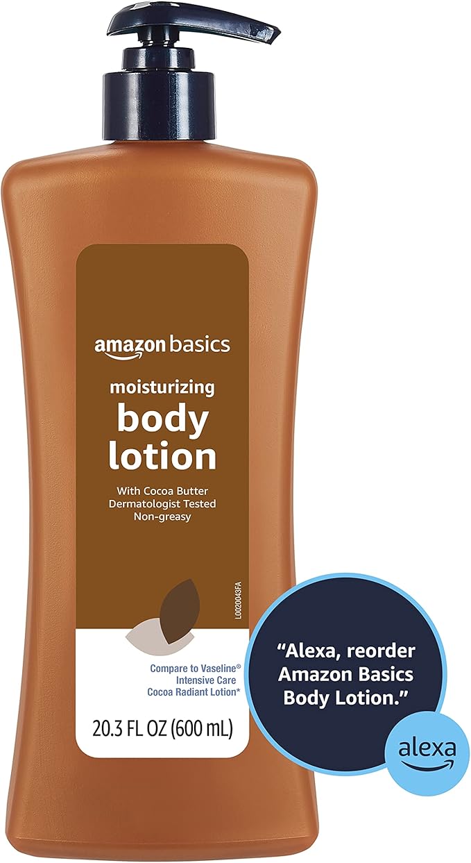 Amazon Basics Moisturizing Cocoa Butter Body Lotion for Dry Skin, Non-Greasy, Paraben Free, Lightly Scented, 20.3 Fl Oz, Pack of 4