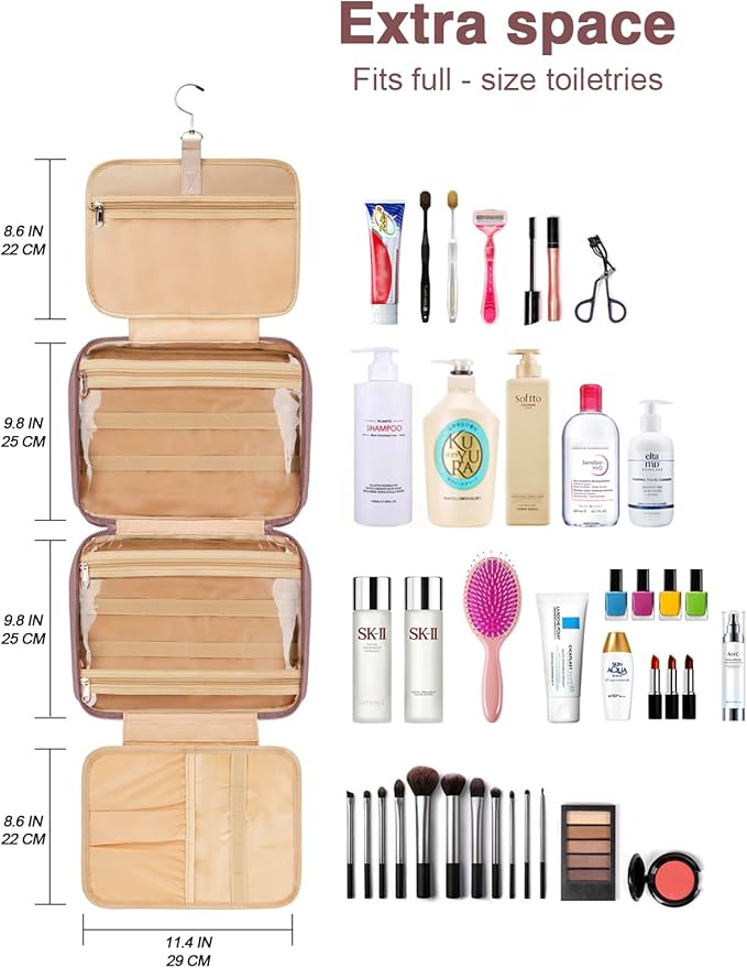 Women's Hanging Toiletry Bag, Waterproof Travel Cosmetic Organizer with Jewelry Storage, Large Capacity Makeup Case for Full-Size Skincare & Bathroom Essentials, Portable Cosmetic kit, Dark Purple