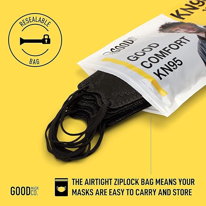 Good Mask Co. Good Comfort KN95 Face Mask, Disposable, Folding, Comfortable, Bulk (25 Pack, Black)