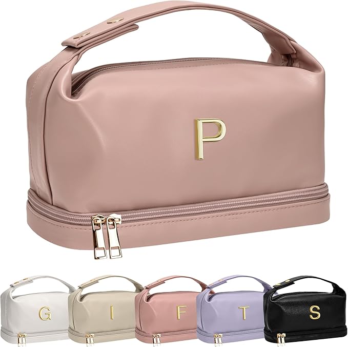 Initial Makeup Bags Personalized Bag with Handle, Monogrammed Gifts for Women Cosmetic Pouch, Large Capacity PU Leather Makeup Bags Letter Travel Toiletry Pouchs with Makeup Brush Organizer