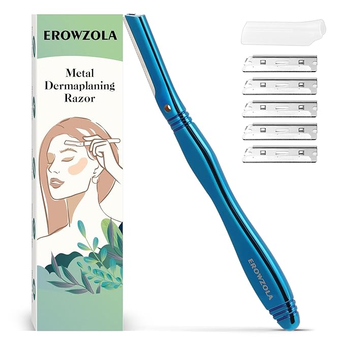 Eyebrow Razor for Women and Men, Face Razors for Women, Dermaplane Razor with Protective Silicone Cover, Reusable Metal Handle with 6 Refill Blades, Skin Care Tool - Blue