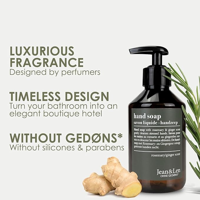 Moisturizing Liquid Hand Soap by Jean&Len with Rosemary Ginger scent, for soft and clean hands, silicone and paraben free with natural ingredients, vegan, 8.4 Fl. Oz.