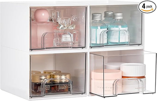 Vtopmart 4Pack Small Stackable Storage Drawer, Bathroom Makeup Organizer,Plastic Storage Bins For Vanity, Undersink, Kitchen Cabinets, Pantry, Home Organization(White)