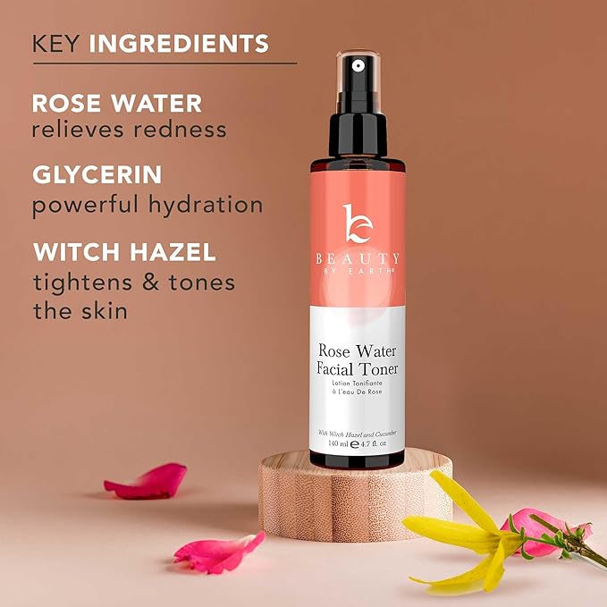 Rose Water Spray for Face - USA Made with Hydrating Natural & Organic Ingredients for Glowing Skin, Alcohol-Free Rosewater Toner Mist with Witch Hazel & Glycerin for Dry and Sensitive Skin