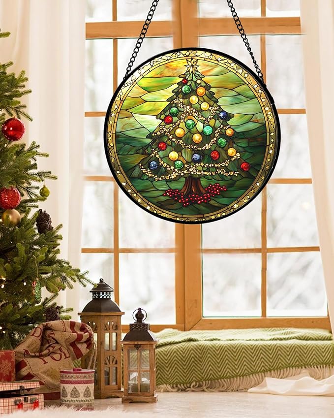 Stained Glass Window Hanging - Green Christmas Tree Gold Ribbon Suncatcher for Doors Home Christmas Decoration Sun Catcher Thanksgiving New Year Birthday Gifts for Women Men Mom Nana 11.8 in