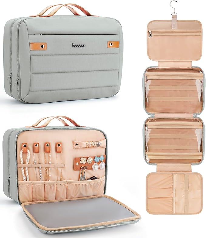 Women's Hanging Toiletry Bag, Waterproof Travel Cosmetic Organizer with Jewelry Storage, Large Capacity Makeup Case for Full-Size Skincare & Bathroom Essentials, Portable Cosmetic kit, Grey