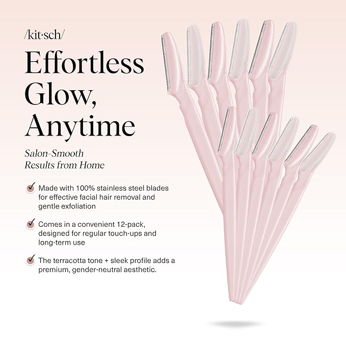 Kitsch Dermaplane Razor for Women Face – Face Razors for Women & Men, Eyebrow Trimmer & Face Shaver – Exfoliating Facial Razor & Skin Care Tool for Smoother Skin - Blush, 12 pcs