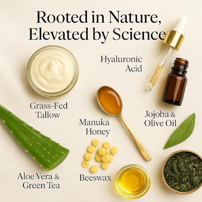 Beef Tallow Face Moisturizer – Whipped Tallow & Honey Balm with Hyaluronic Acid, Manuka Honey, Aloe & Green Tea – Unscented Natural Skin Cream for Dry or Sensitive Skin – 4oz