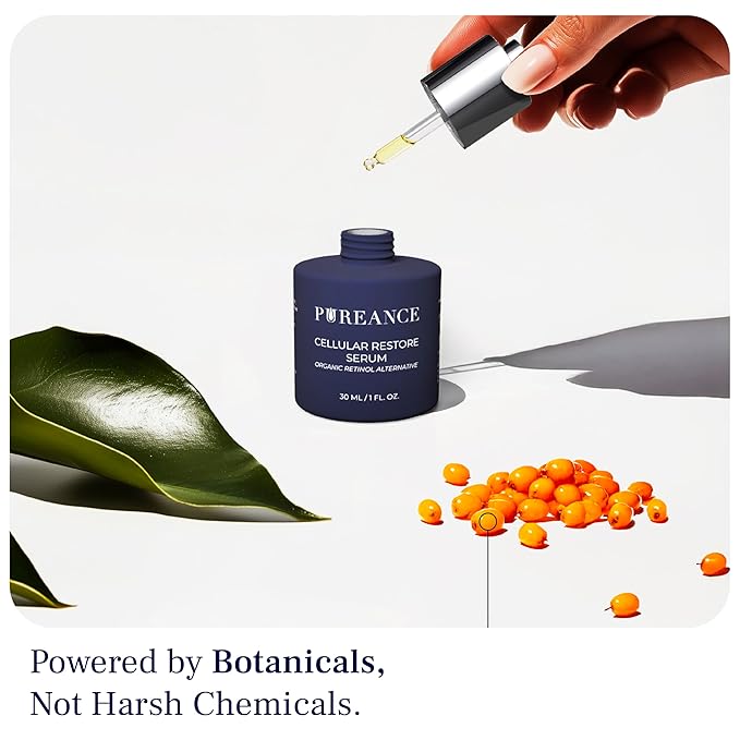 PUREANCE Organic Bakuchiol Retinol Serum - Bakuchiol for Face Skin and Wrinkles - Cellular Restore Serum - With Jojoba Oil, Sea Buckthorn, Camu Camu, Babchi, Maple Leaf Extracts & More - 1 Fl Oz