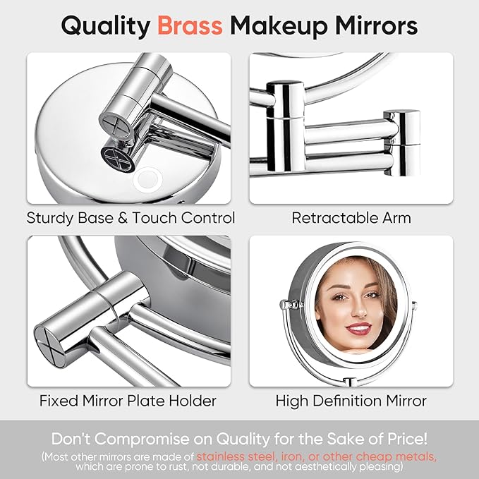 GURUN 8.5 Inch Magnifying Makeup Mirror with 3 Tones Dimmable LED Lights Double Sided Touch Control Rechargeable Vanity Mirror for Bathroom with 10X Magnification M1809DC-T (Chrome/10X)