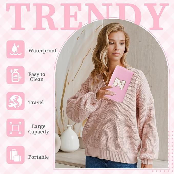 Small Personalized Initial A-Z Patch Makeup Bag,Pink Cute PU Leather Glitter Letter Cosmetic Bag for Teen Girls,Travel Toiletry Bag with Zipper,Preppy Monogrammed Birthday Gift for Daughter Niece Z