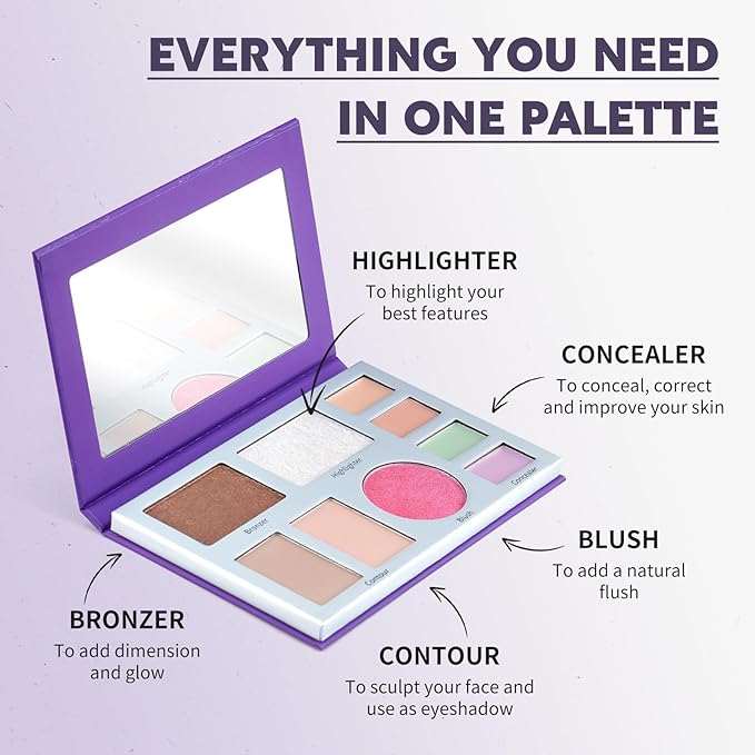 Color Nymph 9 Colors Contour Blush Highlighter Set | 9-in-1 Makeup Palette, Travel Make Up Kit, Blush & Bronzer & Highlighter Makeup, Multi-Use Concealer Face Palette with Mirror, Vegan & Cruelty-Free