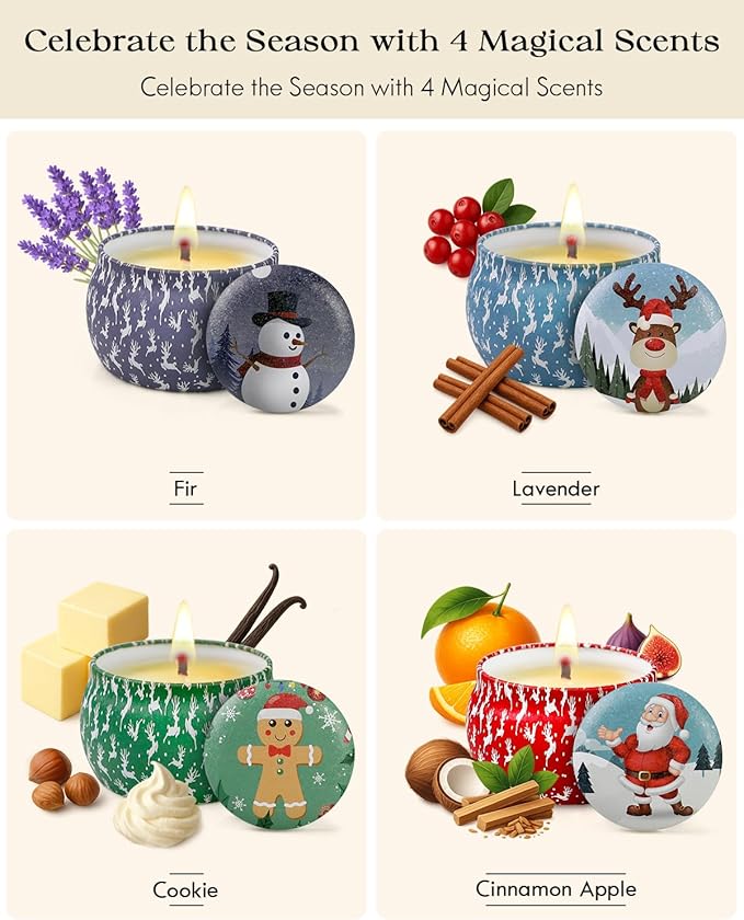 Christmas Candle Gift Set for Women, 4 Pack Long Lasting Soy Wax Candles with Lavender, Cookie, Fir & Cinnamon Apple Scents, Aromatherapy Candles for Home, Perfect Holiday Gifts