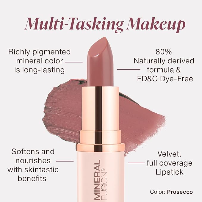 Mineral Fusion Long-Lasting Lipstick, Vivid & Smudge-Free Lip Color with Avocado Oil, Cocoa Seed Butter, Free of FD&C Dyes, Paraben and Gluten, Prosecco