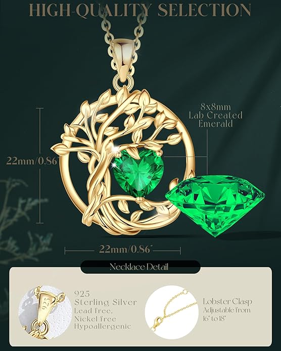 FANCIME Tree of life Birthstone necklace Sterling Silver Pendant Birthstone Necklace Gemstone Anniversary Birthday Jewelry Christmas Gifts for Mom Her Wife