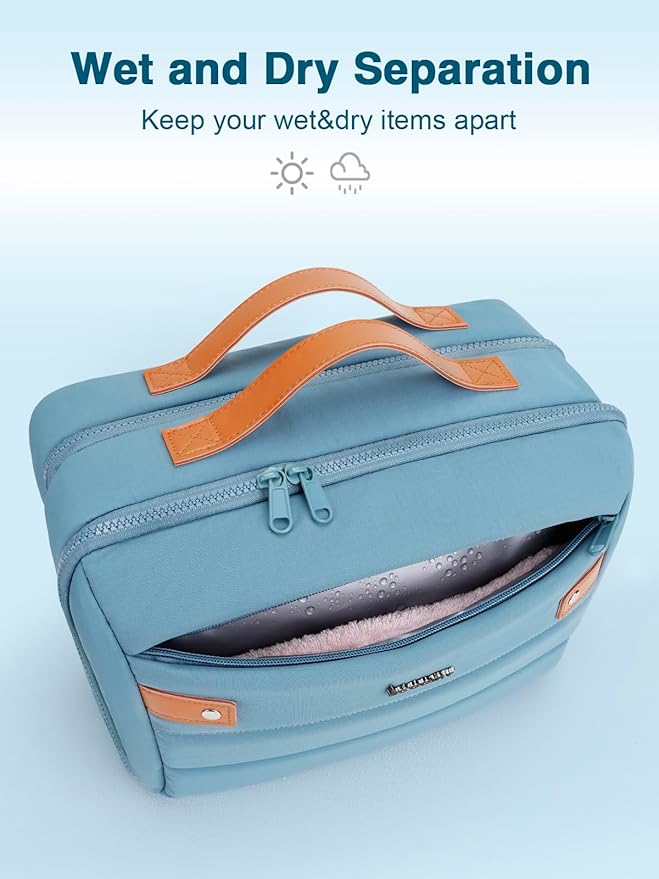 Women's Hanging Toiletry Bag, Waterproof Travel Cosmetic Organizer with Jewelry Storage, Large Capacity Makeup Case for Full-Size Skincare & Bathroom Essentials, Portable Cosmetic kit, Blue