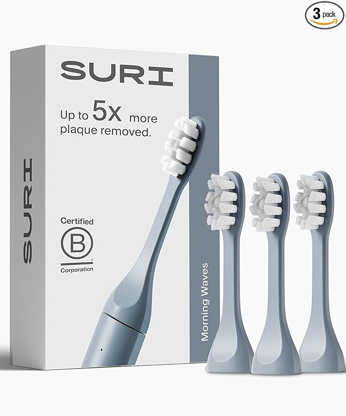 Suri Recyclable Plant-Based, Electric Toothbrush Heads - Built-in Tongue Scraper, Long Lasting Replacement Heads | Compatible Only with Suri Sonic Electric Toothbrush - Morning Waves, Pack of 3