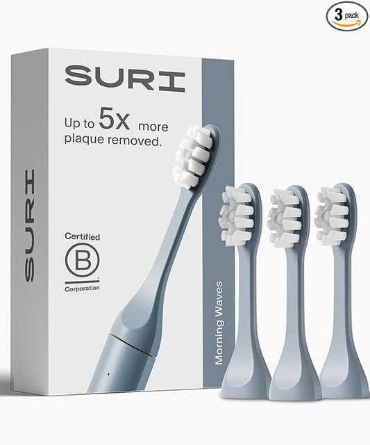 Suri Recyclable Plant-Based, Electric Toothbrush Heads - Built-in Tongue Scraper, Long Lasting Replacement Heads | Compatible Only with Suri Sonic Electric Toothbrush - Morning Waves, Pack of 3