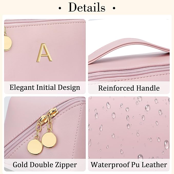 Birthday Gifts for Women Teen Girl, Personalized Initial Makeup Organizer Bag Set, Open Flat Travel Cosmetic Bag With Clear Divider and Handle(Pink,A)
