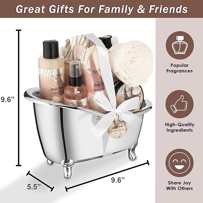Spa Gift Baskets For Women - Luxury Bath Set With Coconut & Vanilla - Spa Kit Includes Body Wash, Bubble Bath, Lotion, Bath Salts, Body Scrub, Body Spray, Shower Puff, and Towel