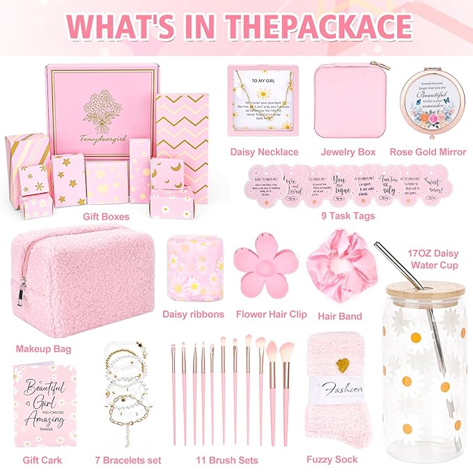 Set of 9 Individually Wrapped Teen Girl Gifts Trendy Stuff, Cute & Practical, Christmas/Birthday Gift for Granddaughter Daughter Niece Ages 8-16, with Empowering Tasks（Pink）