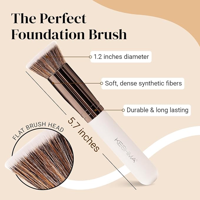 Keshima Foundation Brush Flat Top Kabuki - Premium Foundation Brush for Liquid Makeup, Cream, and Powder - Buffing, Blending, and Face (Regular Size, White)