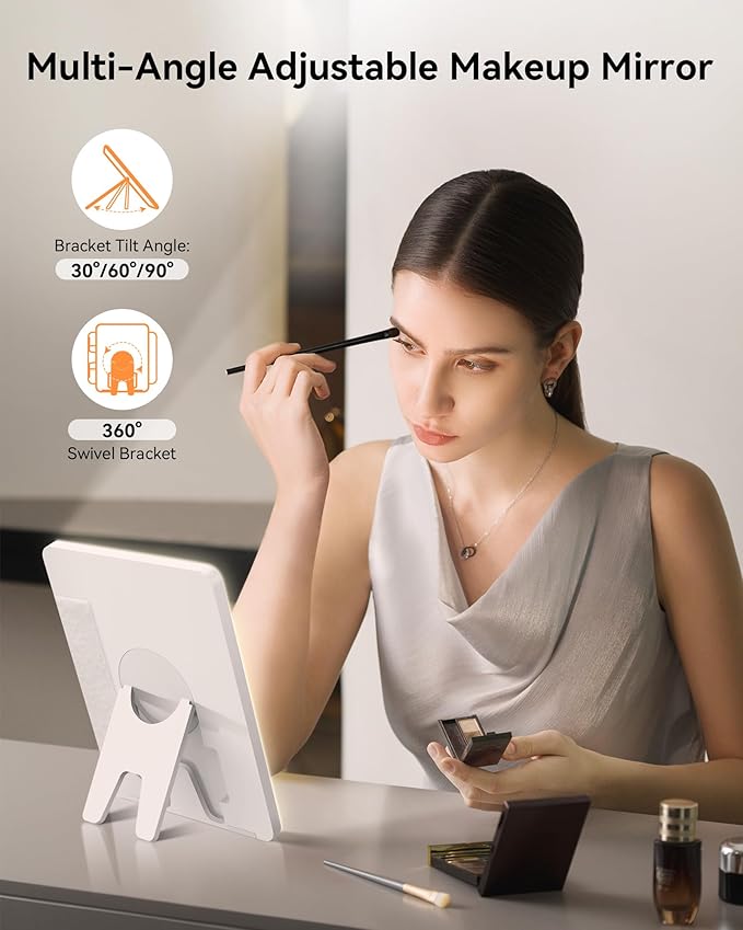 JUSRON Travel Makeup Bag With LED Mirror, Cosmetic Train Case with Light up Mirror, Portable Makeup Artist Organizer Bag with Adjustable Dividers, Makeup Brush Holder Storage (White, Large)