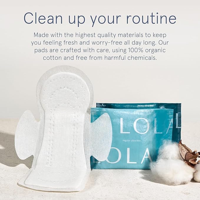LOLA Non-Toxic Cotton Pads for Women - 36 Count Regular Absorbency Ultra Thin Menstrual Pads with Wings, HSA FSA Approved