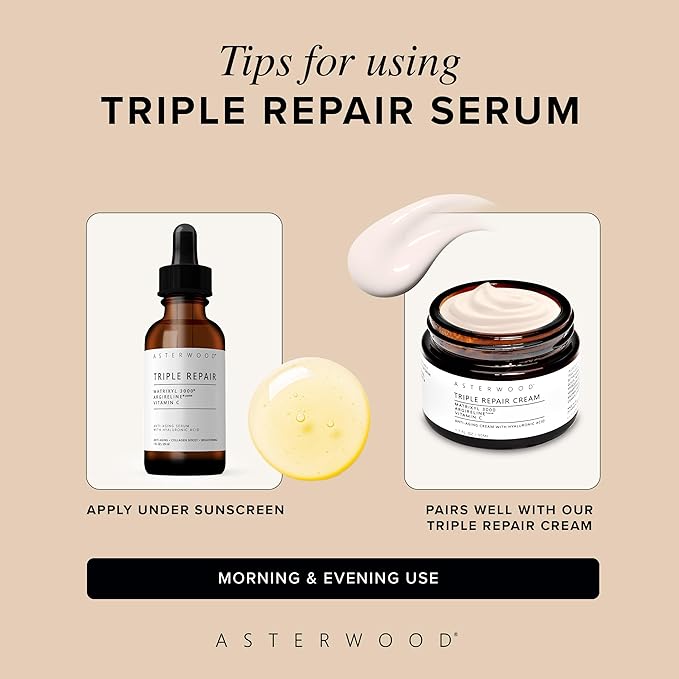 Asterwood Triple Repair Matrixyl 3000 + Argireline + Hyaluronic Acid + Vitamin C Serum for Face - Anti-Aging, Collagen Boosting, Hydrating - Fragrance-Free - 1 Fl Oz