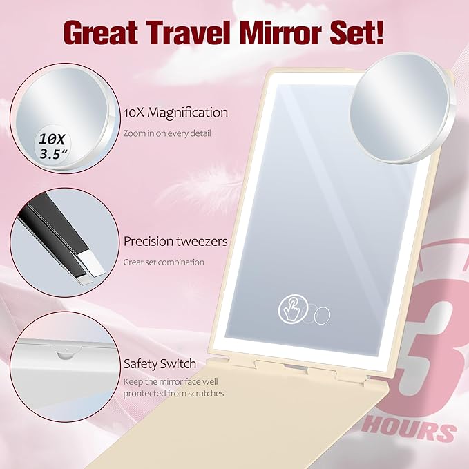 Travel Makeup Mirror with Light, Rechargeable Portable Folding Compact Mirror Set with Tweezer, Lighted Makeup Mirror with 72 LED 3 Color Light Modes, Dimmable Touch Screen LED Mirrors-Cream